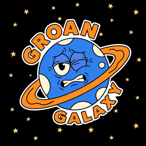 Groan Galaxy planet mascot, mid-groan